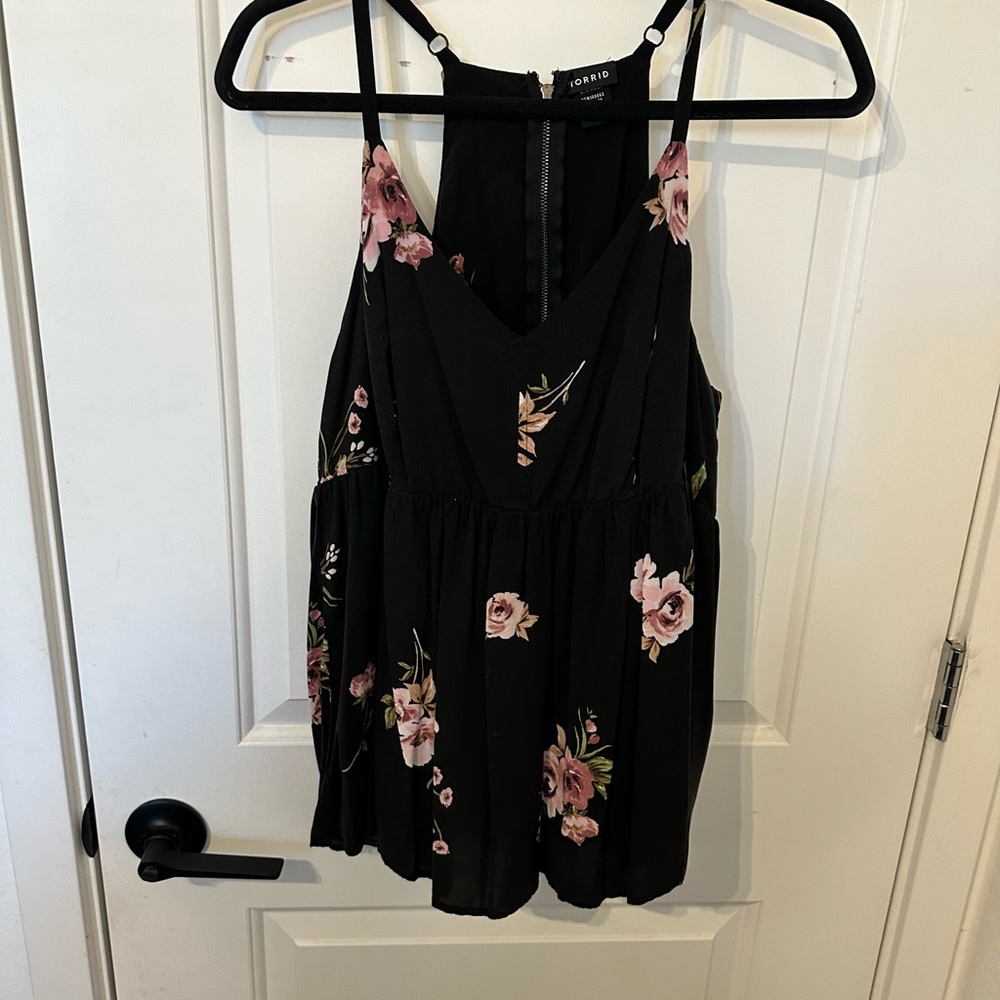Torrid Asymmetrical Pink Floral Black Tank Top